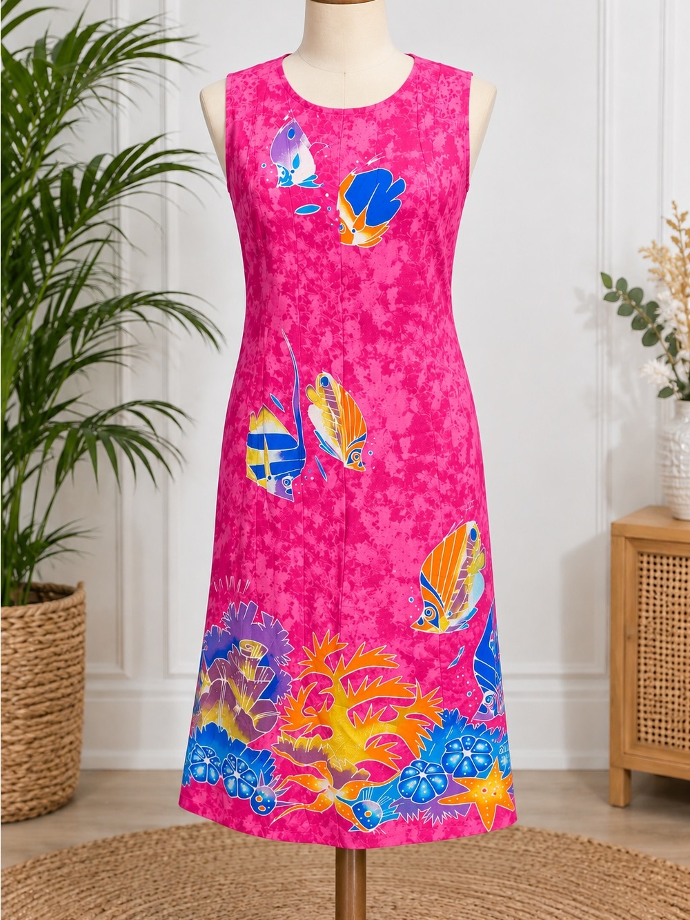 Vintage Pink Tropical Fish Coral Reef Sleeveless Midi Dress Resort Wear